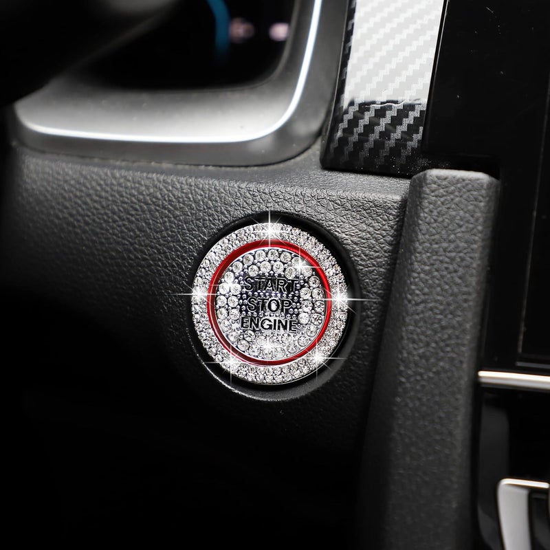 TOMALL غطاء زر بدء تشغيل محرك السيارة مزين بالكريستال الماسي ملصق حلقة بدء لامعة ملحقات زر الإشعال زينة شعار الراينستون عالمية (أبيض) - Image 3